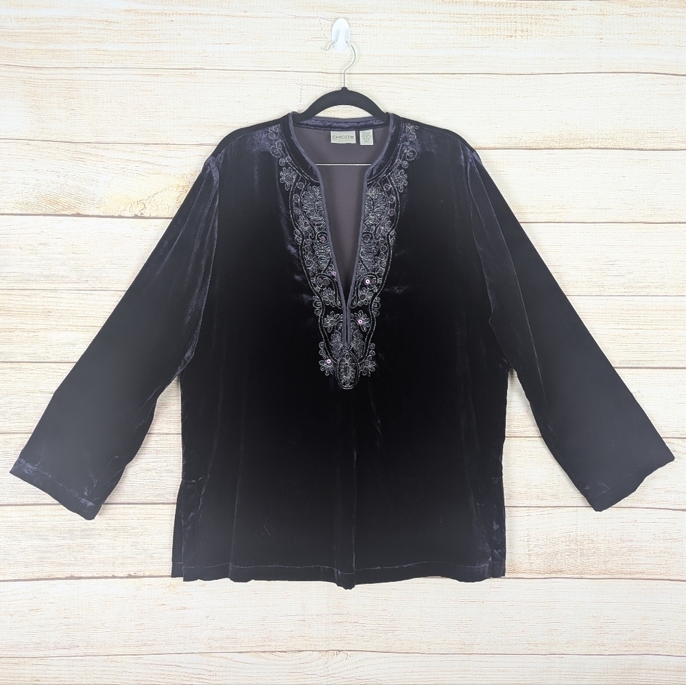 Chico's Size 2 Large Purple Velvet Embellished Tunic Top Beaded Bohemian Blouse